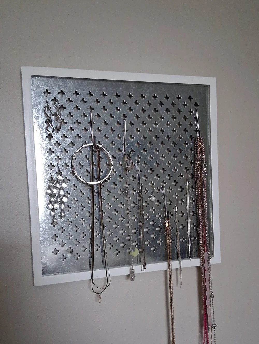 White Framed Metal Jewelry Organizer Wall Panel - White